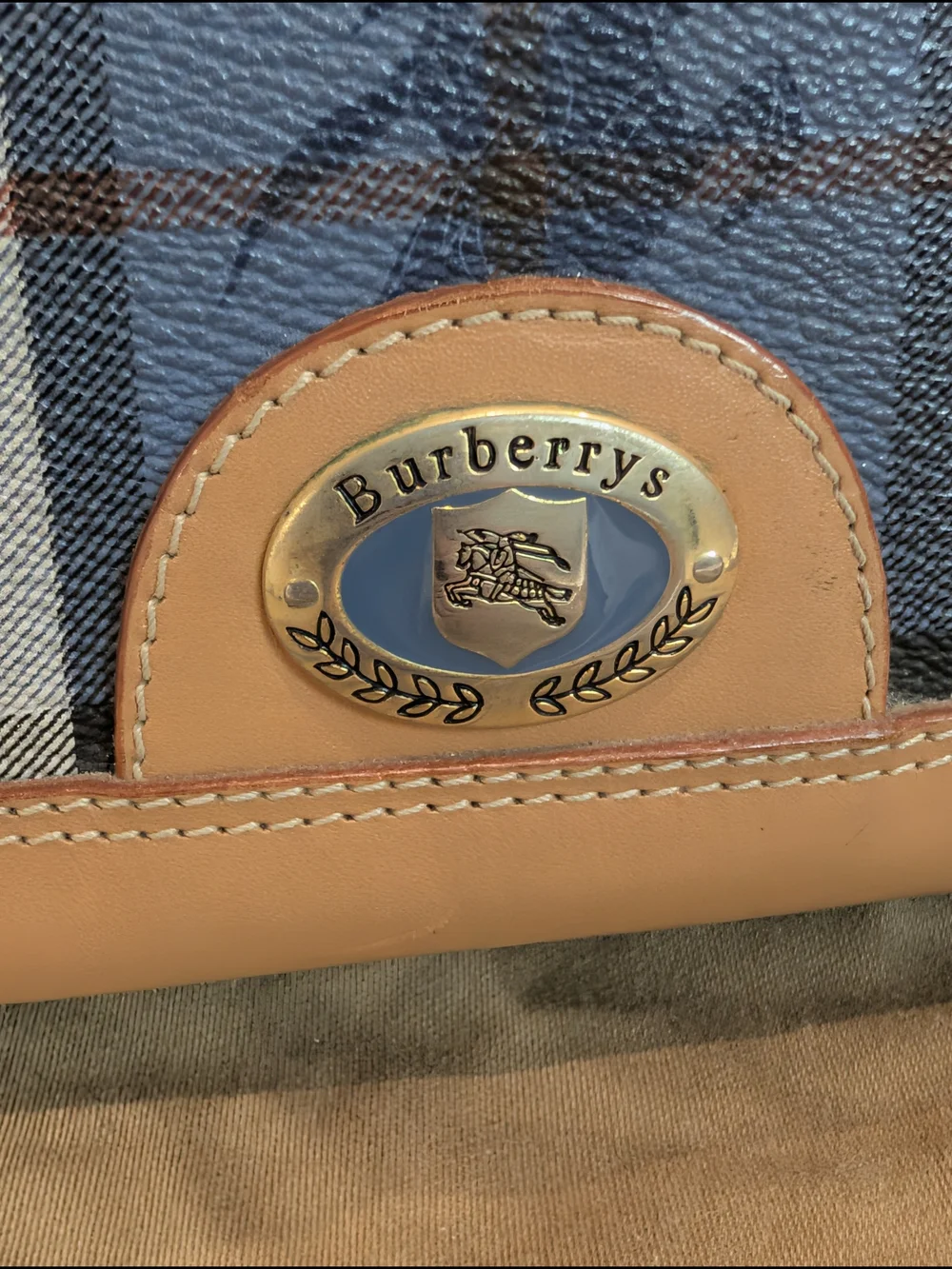 Vintage Burberrys Of London Blue Nova Check Bowling Satchel with Tan Leather